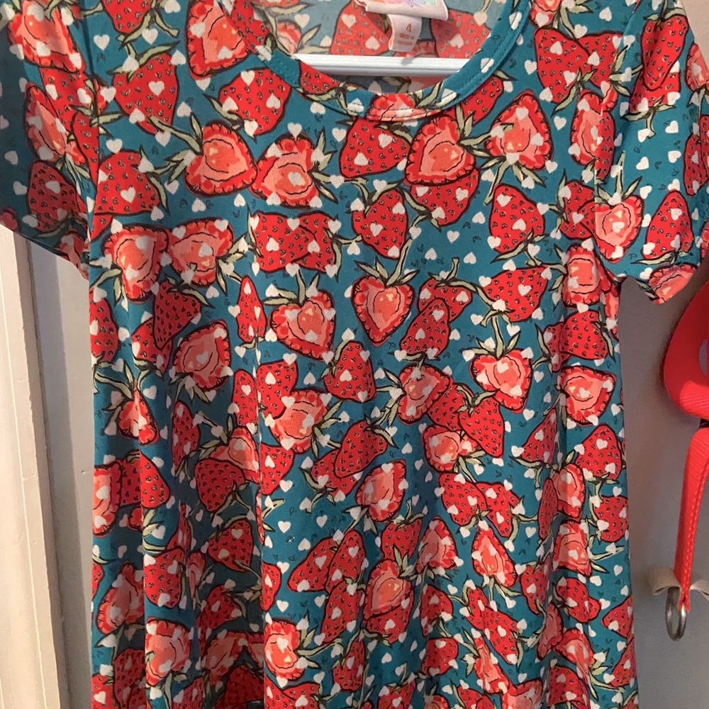Adorable size 4 Lularoe Scarlett dress strawberries print silky material